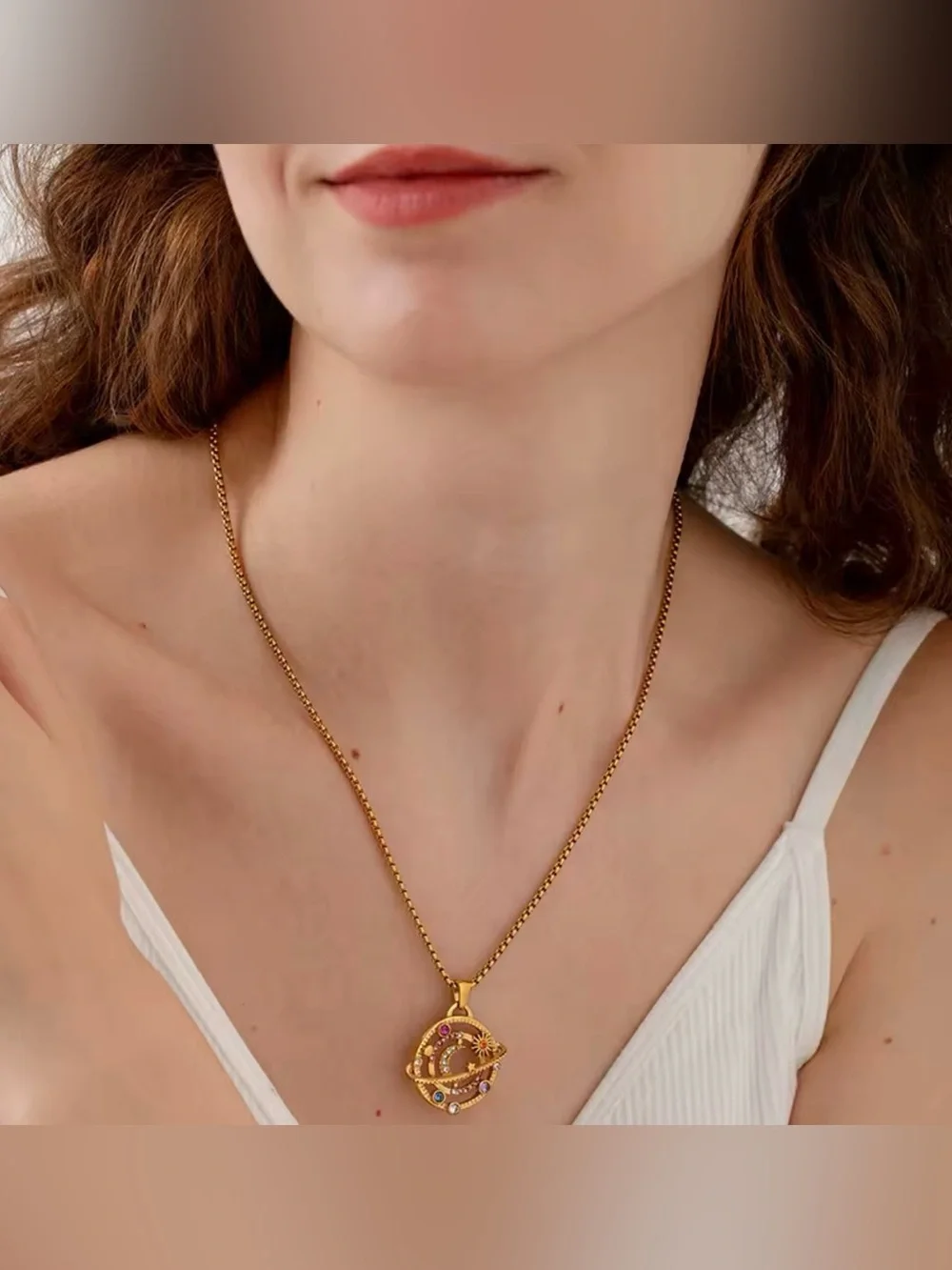 NEW 18K Gold Plated Moon Star Planet Necklace Stainless Steel